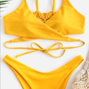 Yellow wrap bikini top and bottom